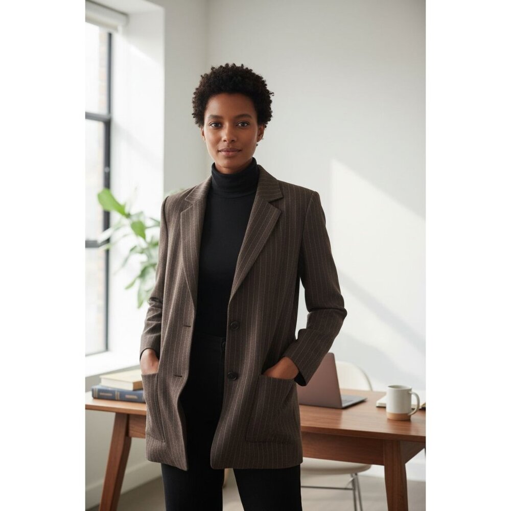 Christian Dior Brown Pinstripe Blazer Jacket Womens Size 12 Classic Tailored Loo